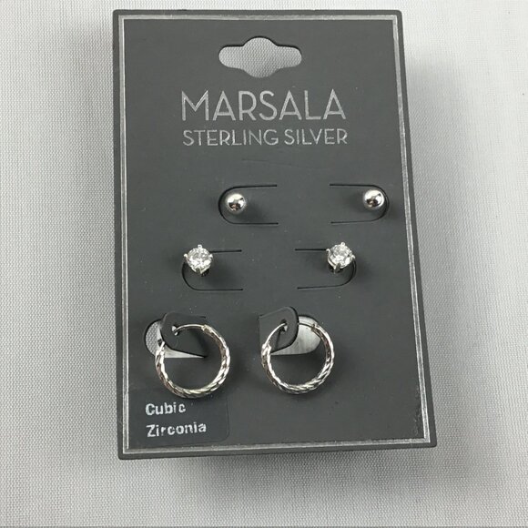 MARSALA Sterling Silver Earrings Set of 3 with Cubic Zirconias - Picture 2 of 4